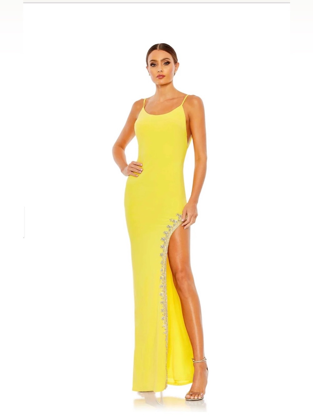 MAC DUGGAL- Yellow Rhinestone Encrusted Side Slit Cami Bodycon Gown size 2